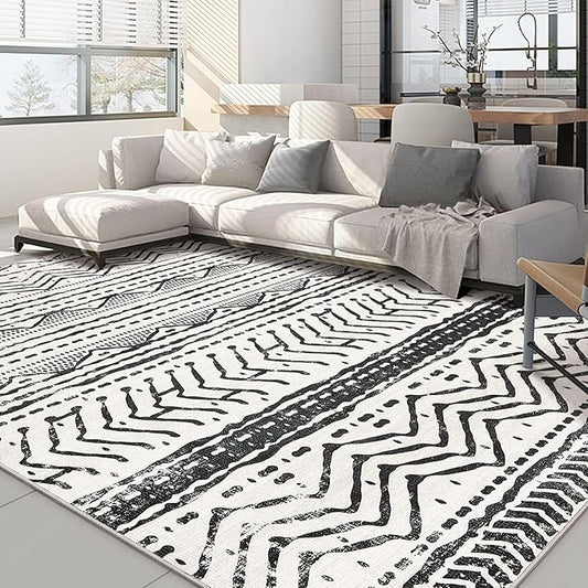 Nakagishi Black Rug for Living Room: 8x10 Washable Boho Large Neutral Soft Farmhouse Area Rugs Stain Resistant Modern Geometric Non-Slip Indoor Floor Carpet for Bedroom Playroom Office Dining Room