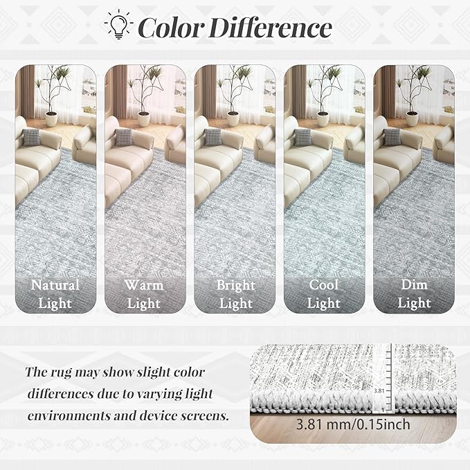 Living Room Rugs 9x12: Washable Moroccan Geometric Boho Rug Farmhouse Non Slip Stain Resistant Large Rug Low Pile Soft Carpet for Bedroom Dining Room Children Room (Grey,9'x12')