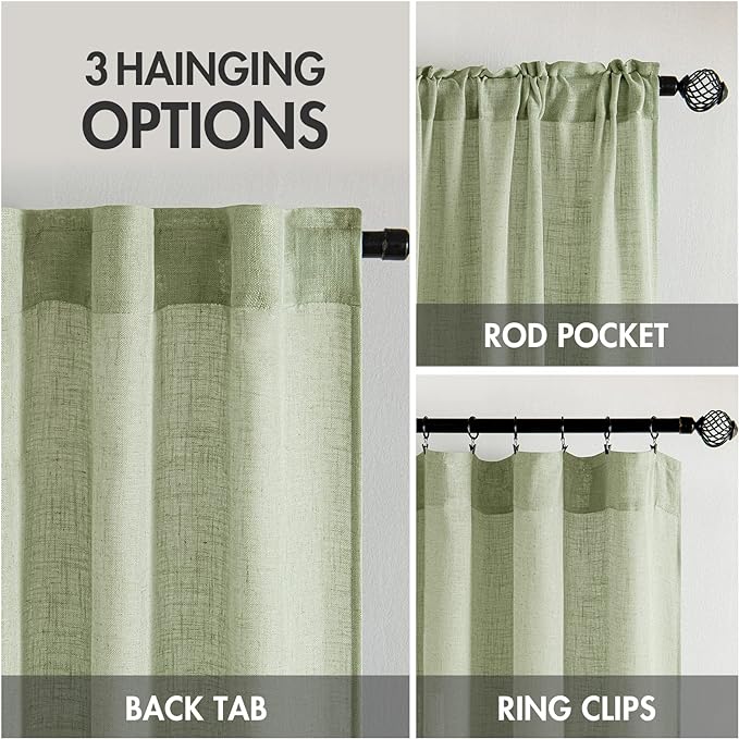 MIULEE Sage Green Linen Curtains 100 Inch Length 2 Panels for Bedroom Living Room, Soft Thick Linen Textured Window Drapes Semi Sheer Light Filtering Back Tab Rod Pocket Burlap Look Decor