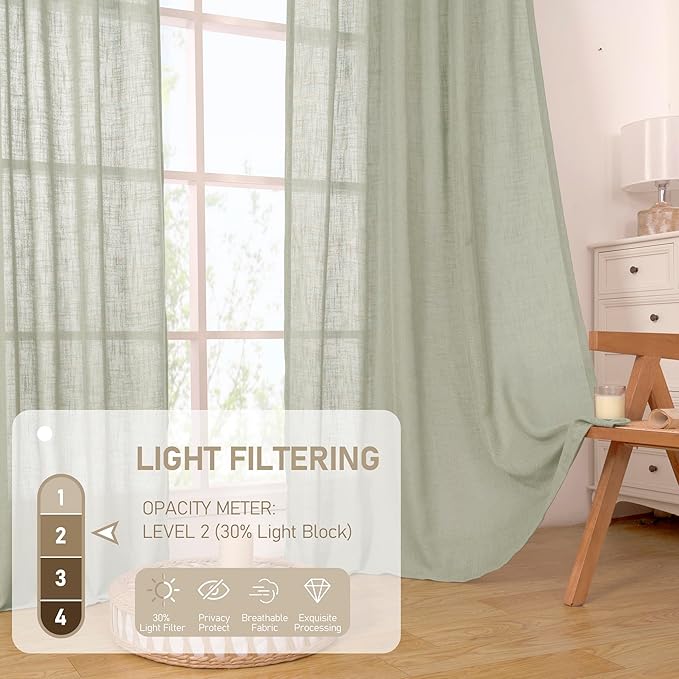 LAMIT Sage Grey Linen Curtains for Living Room 84 inch Length 2 Panels, Light Filtering Semi Sheer Curtains Back Tab and Rod Pocket Farmhouse Panels for Bedroom/Sliding Glass Door, 52 x 84 Inch