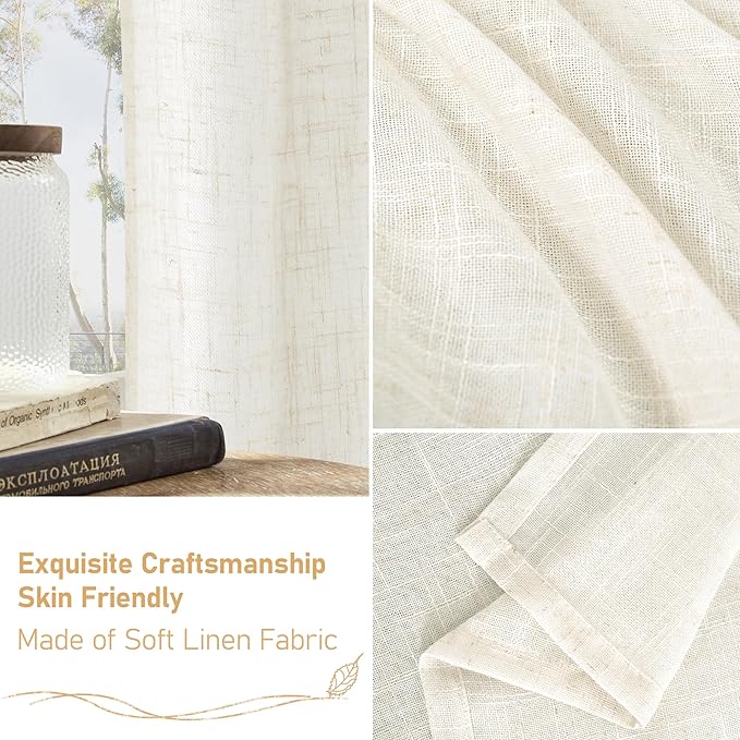 LAMIT Cream Linen Curtains 63 Inch for Bedroom, Ivory Light Filtering Neutral Semi Sheer Window Boho Curtains Back Tab and Rod Pocket Panels for Living Room, 2 Panels, 34 x 63 Inch