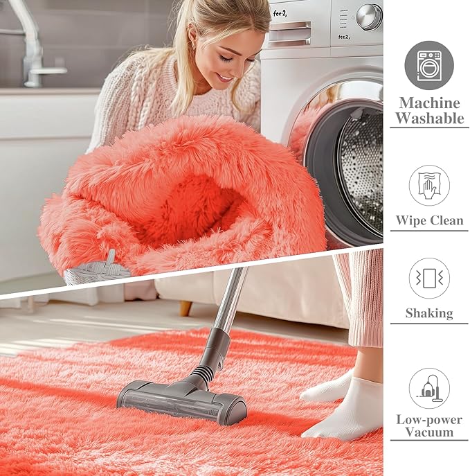 OLANLY 8x10 Machine Washable Large Area Rugs for Living Room, Bedroom, Soft Fluffy Shaggy Bedside Rug, Indoor Floor Carpet for Kids Girls and Boys, Dorms, Nursery, Home Decor Aesthetic, Coral Red