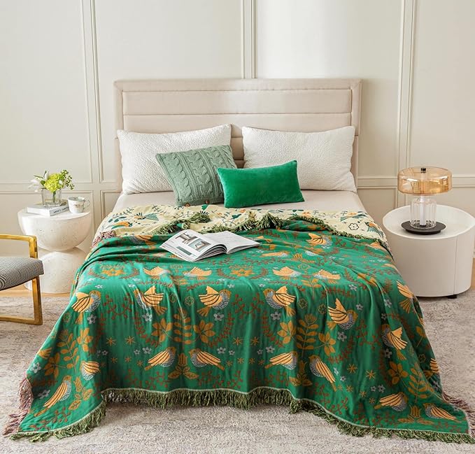 Green Fall Blanket 60''x 80'' Boho Throw Blankets for Couch Bed Chair,100% Cotton Quilts Christmas Warm Soft Blanket Muslin Bed Blankets Farmhouse Decoration