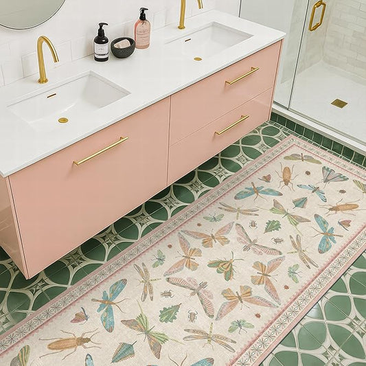 Hazo Haus Boho Bathroom Runners - 2x6 Pink Rug for Kitchen, Entry Way, Hallway, Non Slip Washable Butterfly Insect Print Home Decor