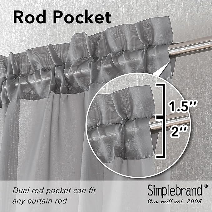 Simplebrand Rod Pocket Top Solid Voile Sheer Curtains for Bedroom, 54 Inch Length Drapes Set of 2, Lightweight and Light Filtering Elegant Ivory Curtains Panels Window Treatment, 42W×54L, Grey