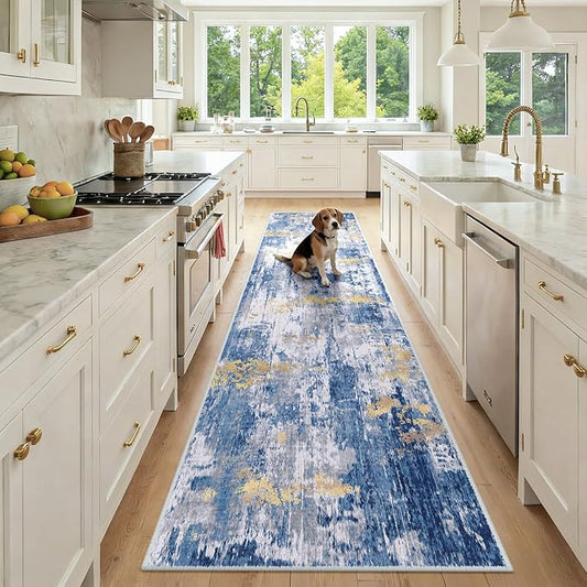 Washable Area Rugs 2'6''x10 Non-Slip Modern Abstract Soft for Living Room Entryway Bedroom Nursery, Print Pattern, Grey Blue Gold/Golden