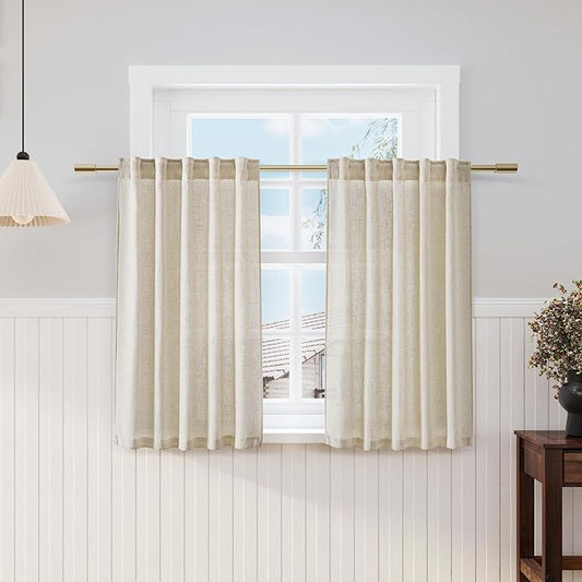 Nanspring Beige Cafe Curtains 45 Inch Length Set 2 Panel Back Tab Pocket Semi Sheer Short Linen Beige Curtain Tiers for Small Bathroom Window Basement 38x45