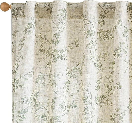 Lazzzy Floral Linen Curtains Farmhouse Extra Long Curtain for Living Room Bedroom Light Filtering Vintage Rod Pocket Back Tab Drapes for Home, 2 Panels, Green on Beige, W38 X L108