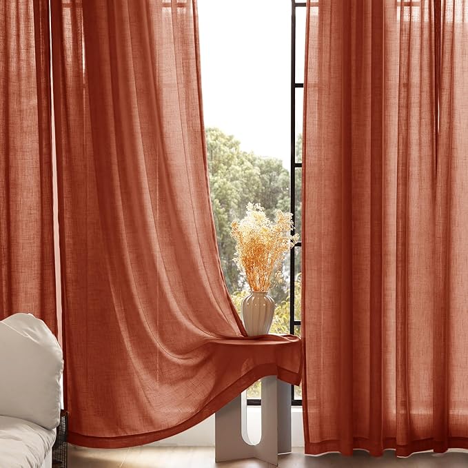 102 inch Linen Terracotta Curtains 2 Panels for Living Room Back Tab Light Filtering Semi Sheer Rust Colored Curtains 102 inches Long Soft Thick Cotton Cloth Textured Rustic Boho Farmhouse Room Decor