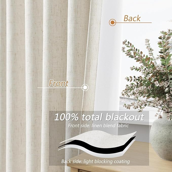 Guken Cream 100% Blackout Curtains 130 Inch Length 2 Panels Set for Living Room Bedroom Back Tab Thermal Insulated Black Out Linen Drapes Room Darkening Window Curtains