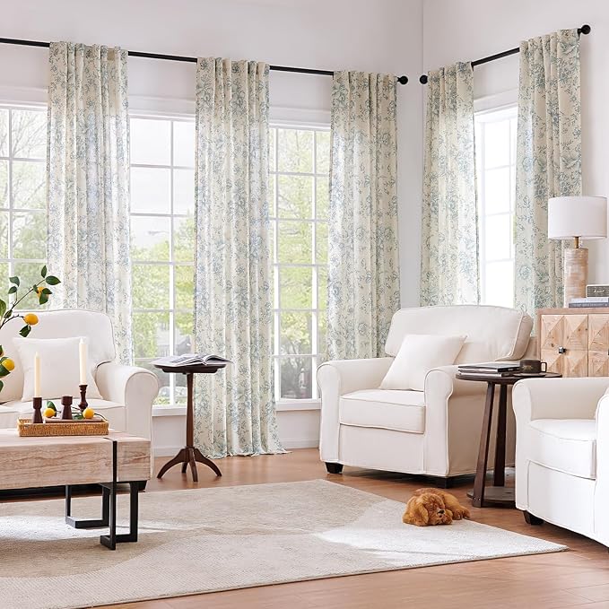 jinchan Linen Blend Curtain Floral Curtains for Living Room 54 Inch Length Blue Printed Curtain Rod Pocket Back Tab Farmhouse Peony Flower Patterned Drapes Bedroom Window Curtains Set 2 Panels