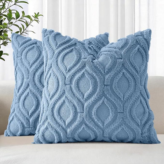 decorUhome Throw Pillow Covers 24x24 Inch Set of 2, Soft Plush Faux Wool Blue Solid Couch Pillow Covers, Accent Euro Sham Farmhouse Neutral Square Pillow Cases for Sofa Bed Living Room