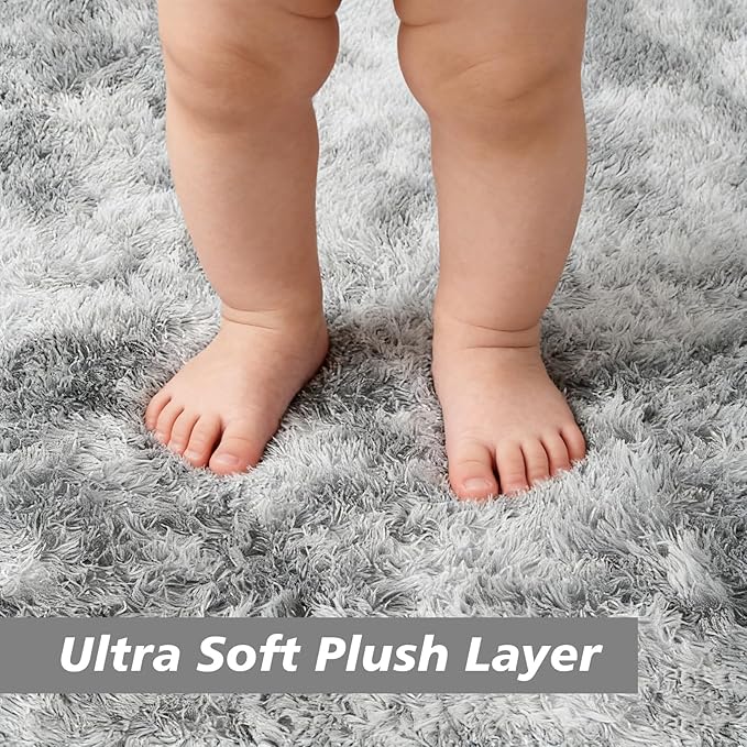 Tie-Dyed Fluffy Round Rug,Soft Area Rugs for Girls Room,Shaggy Rugs 3'X3' for Living Room,Non Slip Circle Rug for Kids Bedroom,Shag Plush Nursery Rug,Plush Carpet for Dorm,Furry Room Decor,Light Grey