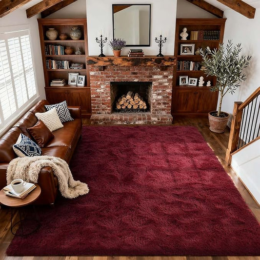 Area Rugs for Living Room, 6x9 Feet Soft Fluffy Shagg Plush Rug High Pile Large Indoor Modern Non-Slip Floor Carpet for Bedroom Nursery Girls Kids Home Room Dorm Decor Aesthetic Burgundy