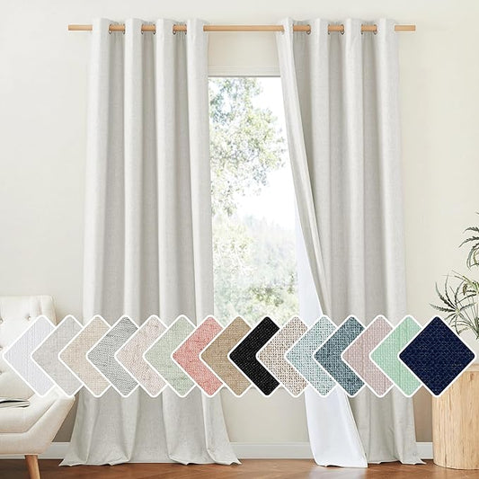 NICETOWN 100% Absolutely Blackout Linen Curtains with Thermal Insulated White Coating, Ivory, W52, 2 Pieces, Noise Reducing Textured Linen Look Curtains for Windows 95 inch Length for Classroom