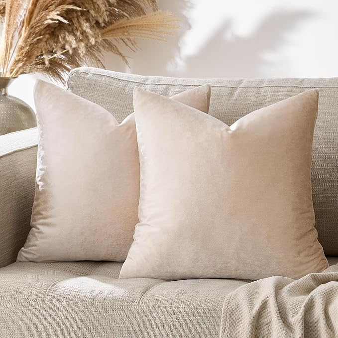 GIGIZAZA Beige Pillow Covers 20x20: Pack of 2 Super Soft Velvet Throw Pillows Solid Vintage Covers - Decorative Elegant Champagne Couch Big Square Cushion Covers Used for Living Room,Bedroom
