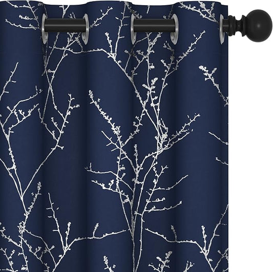 Deconovo Blackout Curtains, Navy Blue Curtain, Thermal Insulated Soundproof Drapes, Branch Silver Print, 42 x 72 Inch Long, Machine Washable Grommet Panels for Bedroom Living Room Office, Set of 2
