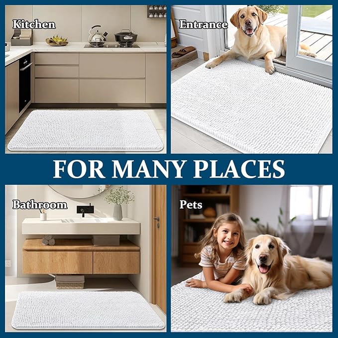 OLANLY Dog Door Mat for Muddy Paws 70x46, Absorbs Moisture and Dirt, Absorbent Non-Slip Washable Doormat, Quick Dry Chenille Mud Mat for Dogs, Entry Indoor Entryway Carpet for Inside Floor, White