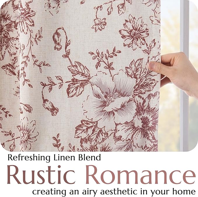 jinchan Blackout Floral Curtains for Living Room Bedroom Linen Blend Curtain Farmhouse Brick Red Printed with Lined Back Tab Rod Pocket Drapes Window Treatments 2 Panels 84 Inch