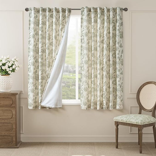 jinchan Lined Linen Floral Curtains for Living Room, 63 Inch Length Printed Flower Farmhouse Patterned French Country Back Tab Green Window Drapes Set Privacy Bedroom Curtains, 2 Panels