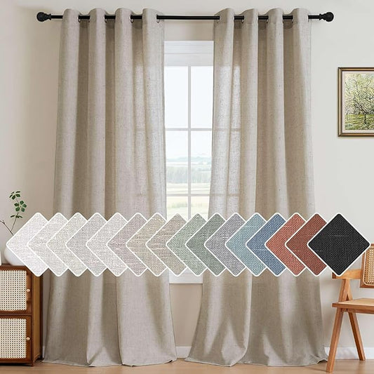 H.VERSAILTEX Living Room Linen Curtains - Semi Sheer, Nickel Grommet, Energy Saving, Light Filtering Window Treatments - Oatmeal, 2 Panels, 52 x 84 Inch