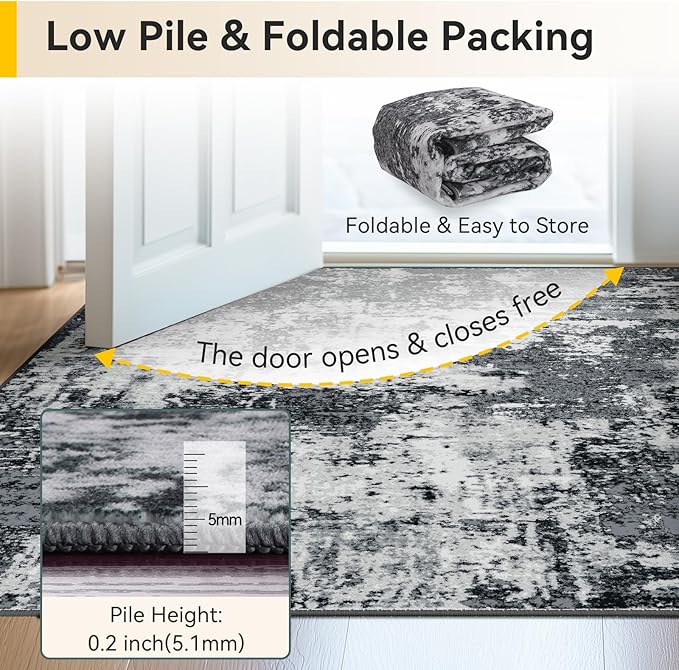 Washable Area Rugs 8'x10' Non-Slip Modern Abstract Soft for Living Room Entryway Bedroom Nursery, Print Pattern, Black Navy Blue Gray