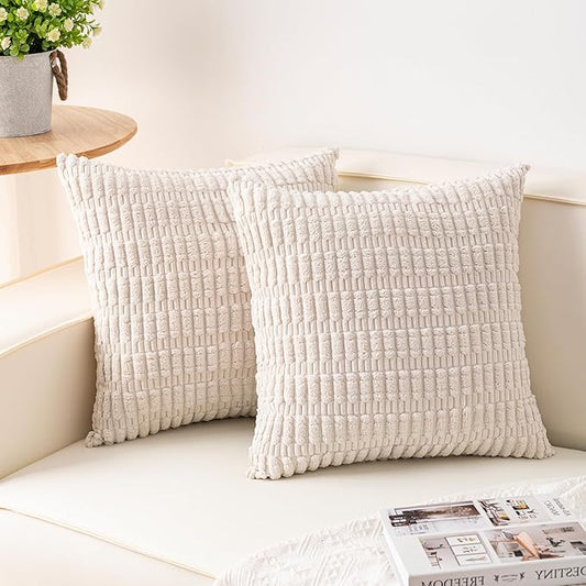 Pack of 2 Corduroy Decorative Throw Pillow Covers 20x20 InchSoft Boho Striped Pillow Covers Modern Farmhouse Home Decor for Sofa Living Room Couch Bed（Cream White）