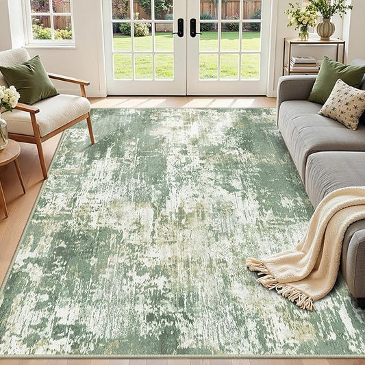 Washable Area Rugs 5'x8' Non-Slip Modern Abstract Soft for Living Room Entryway Bedroom Nursery, Print Pattern, Light Green/Yellow
