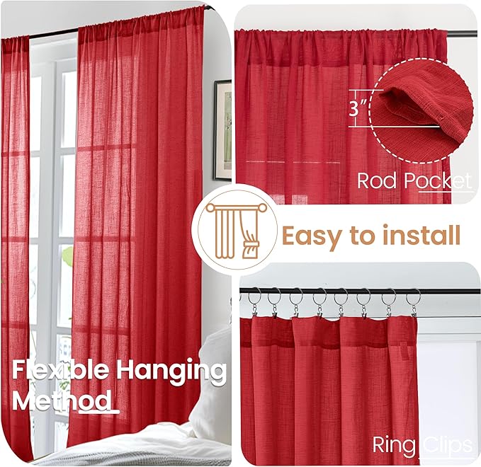 BGment Red Linen Curtains 40 Inch Length for Window, Short Drapes Semi Sheer Textured for Bathroom Kithchen Window with Rod Pocket Lightweight, 2 Panels, Each 42 Inch Wide