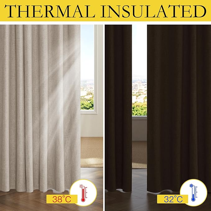 NICETOWN Oatmeal Vintage Open Linen Weave Flax Thermal Curtains, 100% Blackout Curtains 45" Long for Dining Room, Soundproof Window Treatment Drapes for Hall Room, 52" Wide Per Panel, Set of 2