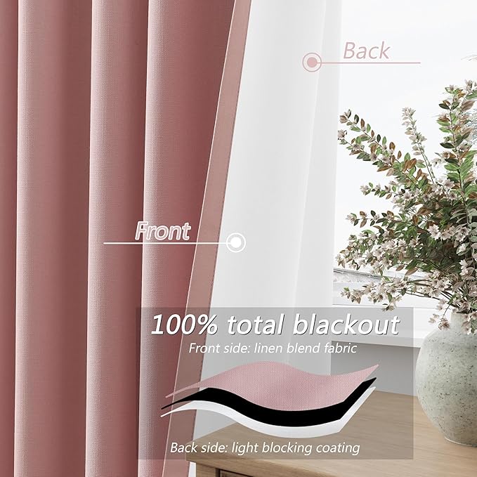Guken 100% Blackout Curtains 80 Inch Length 2 Panels Set for Gilrs Bedroom Back Tab Thermal Insulated Black Out Linen Drapes Room Darkening Window Curtains 80 Inches Long,Pink