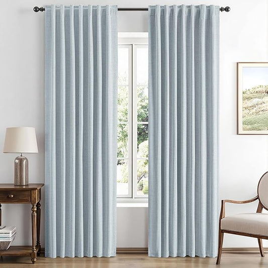 MIULEE 100% Blackout Linen Curtains for Bedroom, Chambray Blue Solid Luxury Decor Thermal Insulation Room Darkening Drapes for Living Room Nursery Back Tab Rod Pocket 42 x 90 Inches, 2 Panels