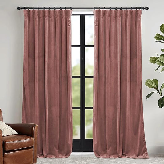 RYB HOME Pink Velvet Curtains 102 inches with Hook Belt, Soft Fabric Room Darkening Thermal Insulated Luxurious Home Decor Curtains for Living Room Bedroom, W 52" x L 102", 2 Panels Set