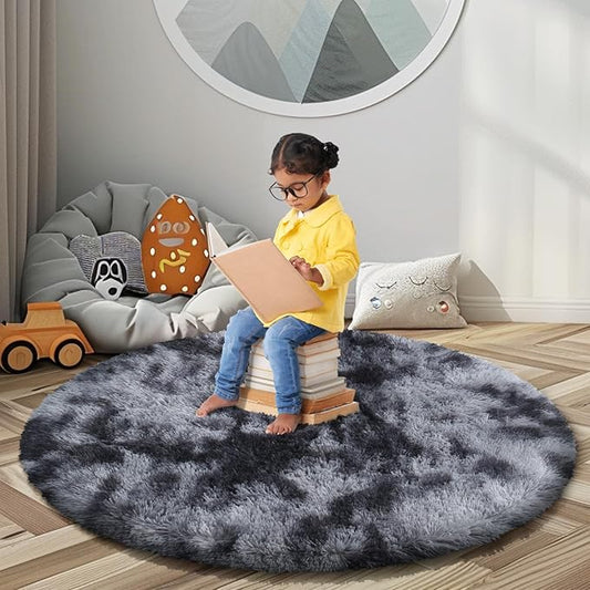 Super Soft Circle Rugs for Girls Princess Castle Toddlers Play Tent 5 Diameter Area Rugs for Kids Bedroom Baby Room Decor Round Shag Carpets(Φ5, Dark Grey Tie-Dyed)