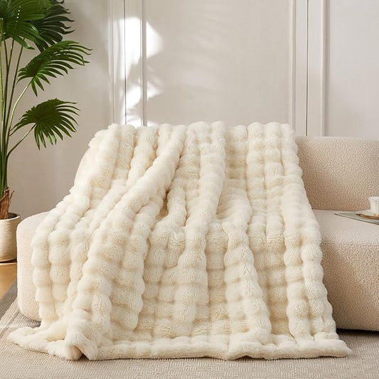 COOVA Faux Fur Throw Blanket for Couch, Cozy Soft and Fuzzy Plush Rabbit Fur Bubble Blanket for Sofa Bedroom Living Room, 60x80 Inches Ivory White