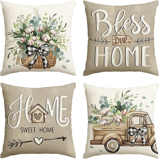 AVOIN Colorlife Bless Our Home Farmhouse Eucalyptus Leaves Throw Pillow Covers, 16 x 16 Inch Truck Home Sweet Cushion Case Decorations Set of 4