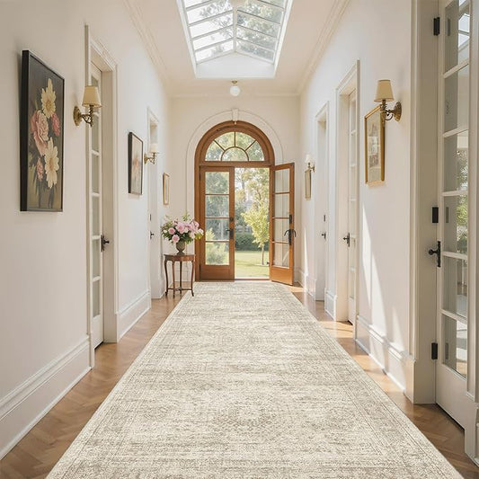 Soalmost 4x12 Wide Hallway Runners: Washable 12ft Runner Rug for Entryway Living Room Soft Vintage Non Slip Carpet Runner for Kitchen Dining Room Nursery Bedroom (Beige, 4x12ft)