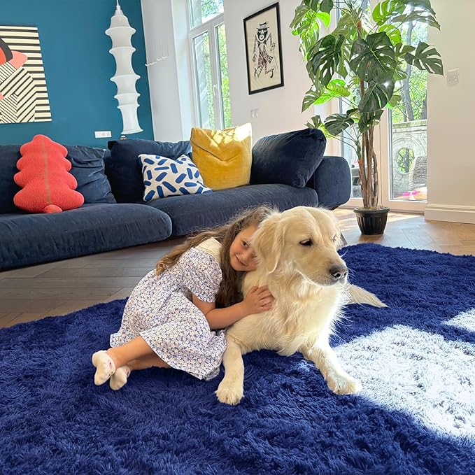 OLANLY 2x2 Machine Washable Small Rug, Soft Fluffy Shaggy Throw Rug for Bedroom, Entryway, Indoor Floor Carpet for Kids, Nursery, Home Decor, Navy Blue