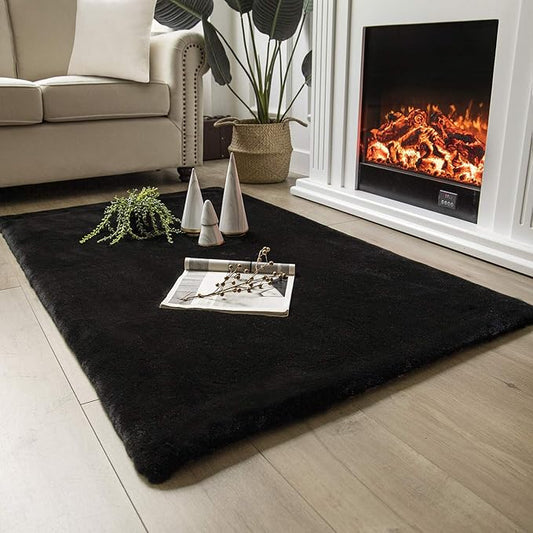 Ashler Faux Fur Rug, Ultra Soft Faux Rabbit Fur, Black Area Rugs, 3 x 5 Feet Rectangle, Machine Washable Nursery Decor Throw Rugs for Bedroom, Kids Room, Living Room