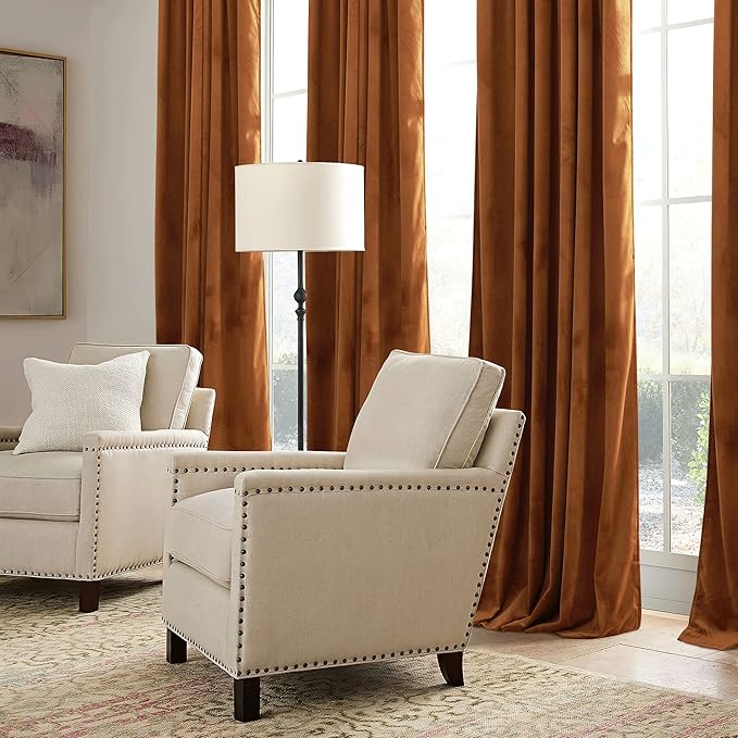 RYB HOME Velvet Curtains 96 inch, Room Darkening Window Curtains for Living Room Thermal Insulated Privacy Backdrop with Back Tab Loop for Bedroom, Golden Oak, W52 x L96 inch, 2 Panels