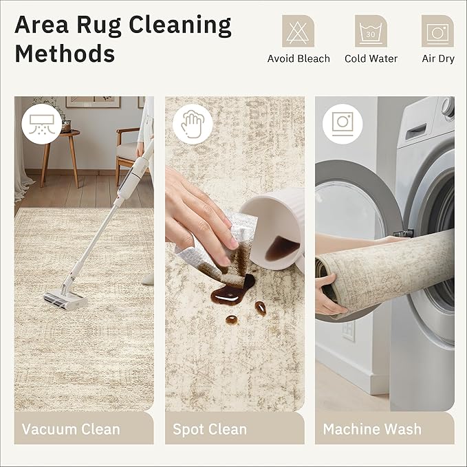 Soalmost Runner Rug 2'6" x 14' Washable Non-Slip Runner Rugs for Kitchen Bathroom Laundry Room Vintage Ultra Thin Runners for Hallway Entryway Beige