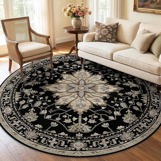 RELEANY Area Rugs 6ft Washable Non-Slip, Floral Vintage Distress Print Pattern Medallion Carpet for Living Room Bedroom Dining Room, Black Brown Neutral Dark Tan