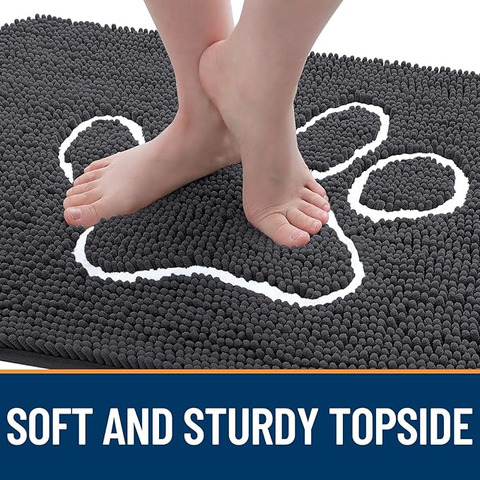 OLANLY Dog Door Mat for Muddy Paws 32x20, Paw Print Design, Absorbs Moisture and Dirt, Absorbent Non-Slip Washable Doormat, Quick Dry Chenille Mud Mat for Dogs, Entry Indoor Entryway Carpet, Dark Grey