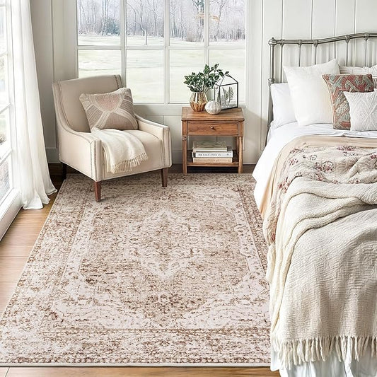 Lofus 4x6 Area Rugs for Living Room, Washable Area Rug, Rugs for Bedroom, Kitchen, Vintage Boho Carpet, Soft Non-Slip, Low Pile Large Area Rug for Office Dining Room, Vintage Beige Brown