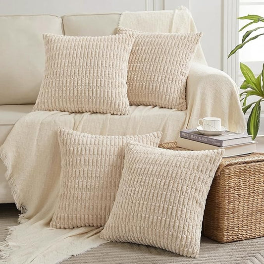 Fancy Homi 4 Packs Tan Decorative Throw Pillow Covers 18x18 Inch for Living Room Couch Bed Sofa, Beige Rustic Farmhouse Boho Home Decor, Soft Plush Striped Corduroy Square Cushion Case 45x45 cm