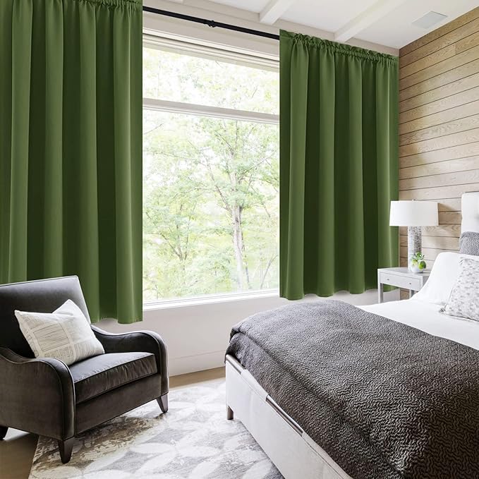 DWCN Olive Green Room Darkening Blackout Curtains - Thermal Insulated Privacy Energy Saving Window Curtain Drapes 52 x 45 inch Length, Set of 2 Bedroom Living Room Curtains