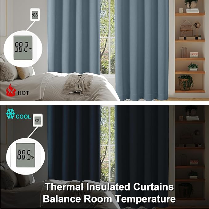 Simplebrand Ava Stone Blue Blackout Curtains for Bedroom 90 Inches Long 2 Panels Set, Solid Privacy Energy Saving Living Room Window Treatment Curtains Blackout Drapes, W40 x L90 Inch, Stone Blue