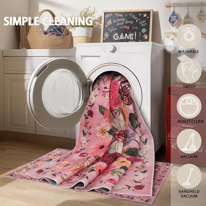 Pink Area Rugs 9x12 Living Room Washable Rug Non Slip Floral Low Pile Large Rug for Living Room, Bedroom, Farmhouse, Dining Room, Kids Playroom(9 x 12, Pink Garden)