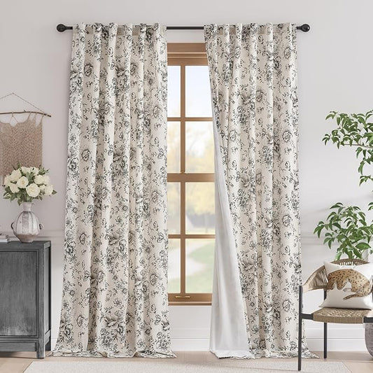 jinchan Blackout Floral Curtains for Living Room Bedroom Linen Blend Curtain Farmhouse Black Printed with Lined Back Tab Rod Pocket Drapes Window Treatments 2 Panels 102 Inch