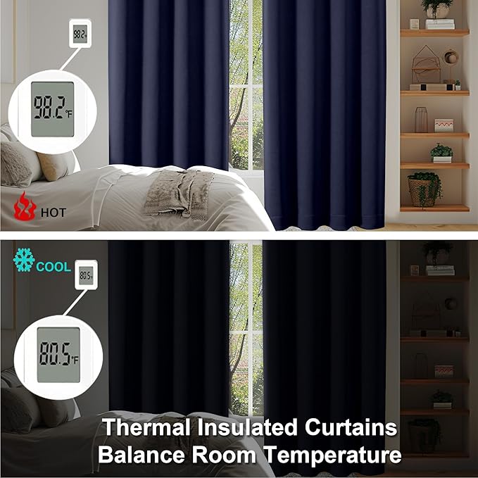 Simplebrand Ava Navy Blue Blackout Curtains for Bedroom 90 Inches Long 2 Panels Set, Solid Privacy Energy Saving Living Room Window Treatment Curtains Blackout Drapes, W40 x L90 Inch, Navy Blue